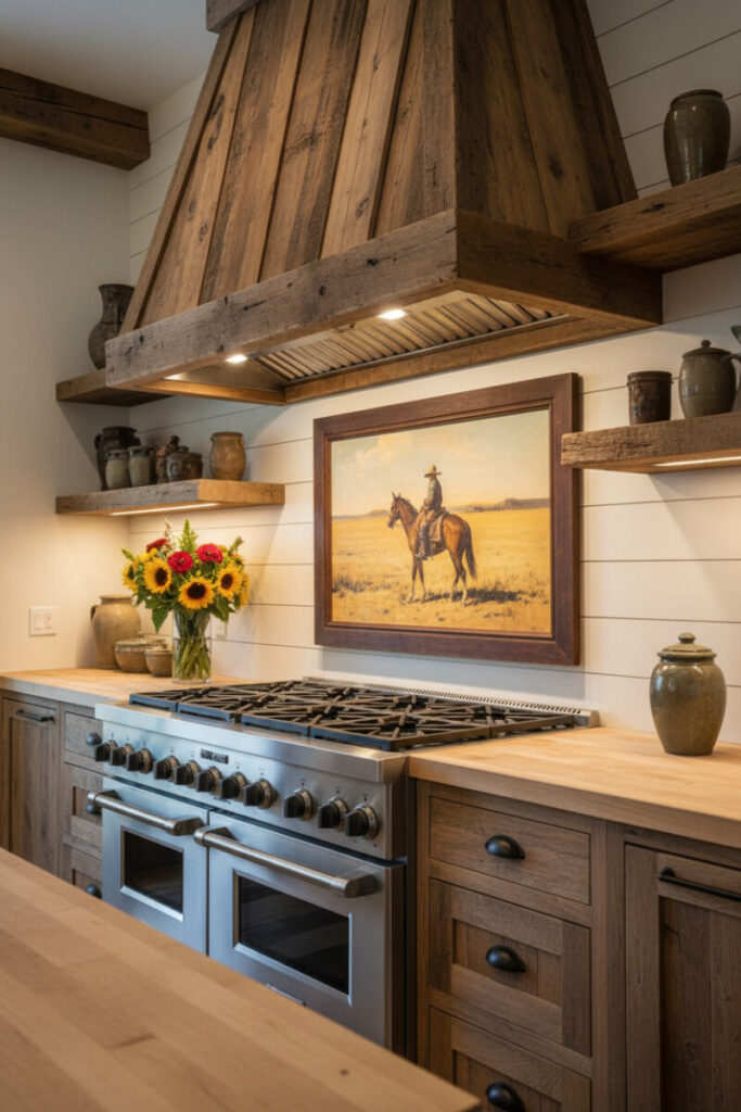 Trapezoidal reclaimed-wood range hood above stainless range and shiplap backsplash—hero piece using best materials for rustic western kitchens and core Western Kitchen Essentials.