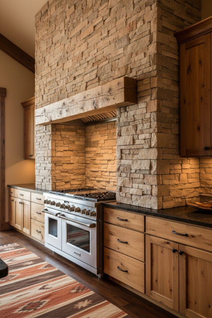 Towering stacked-stone backsplash with reclaimed timber mantel framing a pro range—textured depth using best materials for rustic western kitchens.