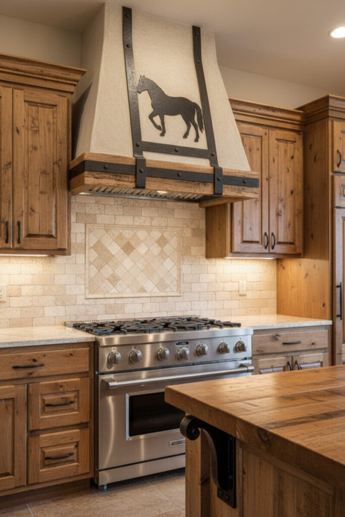 Heavy wrought-iron brackets, pulls, and hood bands over knotty wood cabinetry—tactile rustic kitchen decor with hardworking hardware.
