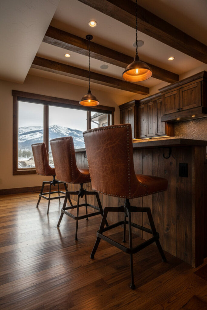 High-back saddle-style leather bar stools with silver rivets along a wood-clad island—comfortable, durable rustic kitchen decor seating.