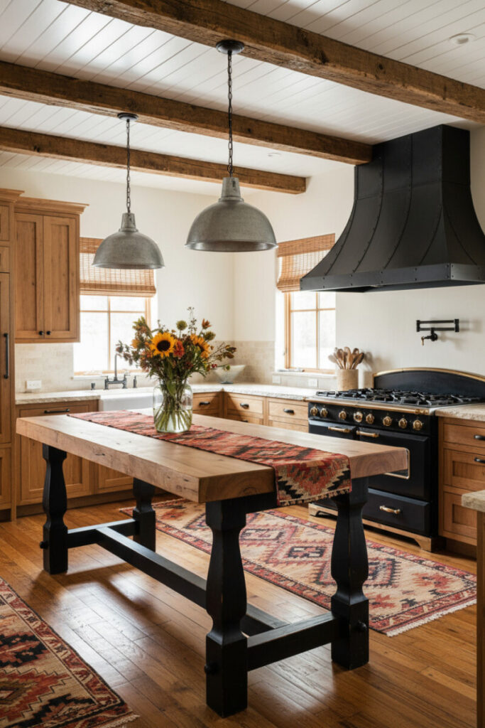 Live-edge butcher block island with black base, Navajo runner, and metal dome pendants showing how to style a western kitchen for everyday prep.