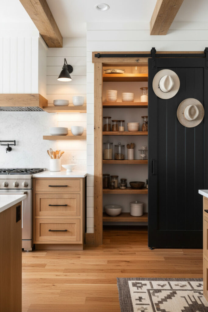 Sliding black plank barn door revealing a lit, organized pantry with open shelves—smart storage showing how to style a western kitchen.