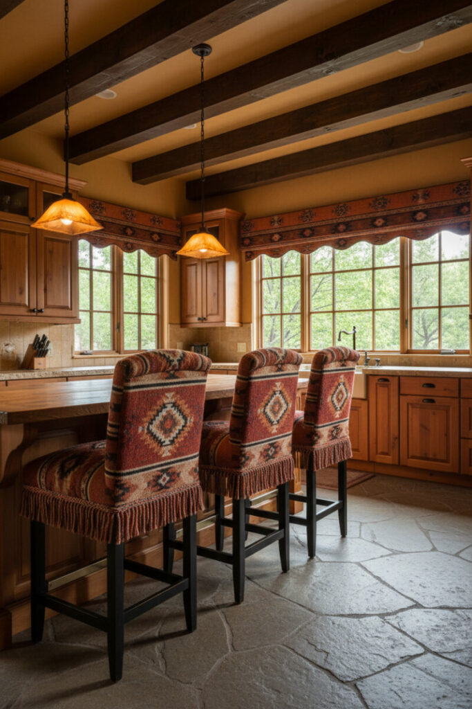 Woven Southwestern textiles on stools and window valances under dark beams—pattern-rich harmony for Southwestern kitchen design.