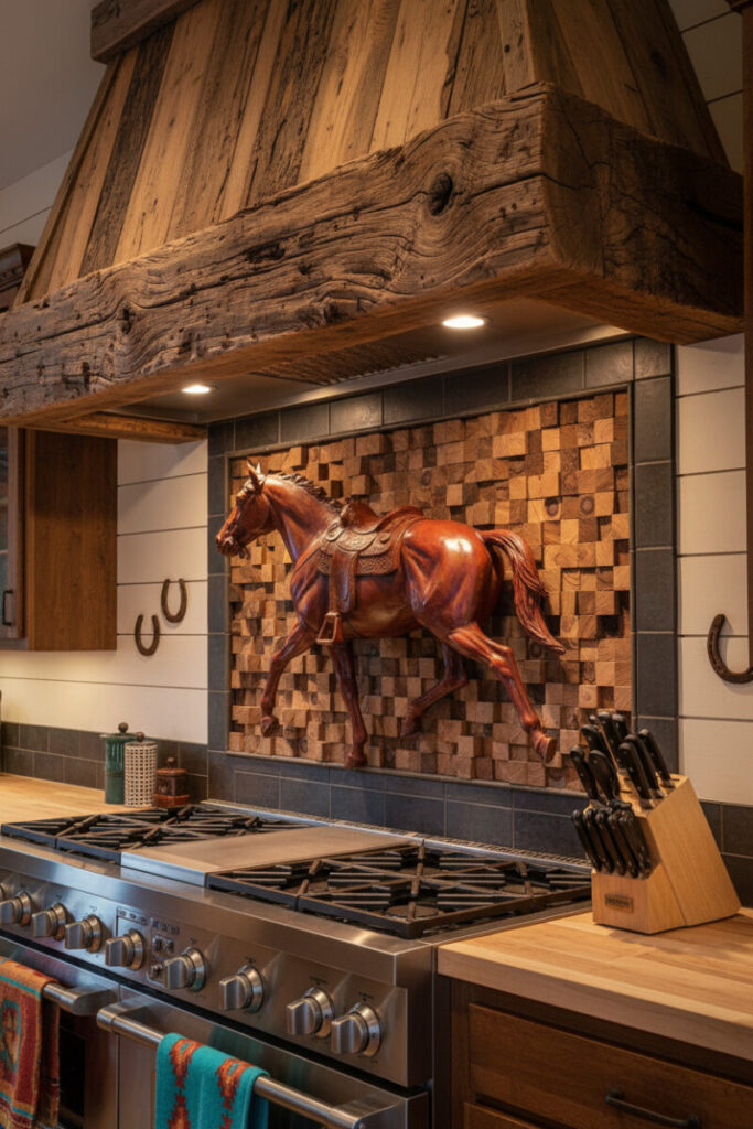 End-grain wooden mosaic backsplash with polished horse sculpture and reclaimed timber mantel—artful focal point in Western Kitchen Essentials.