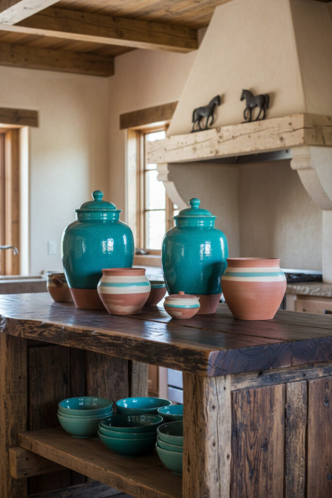Glossy turquoise lidded jars and matte banded pottery on a heavy island shelf—colorful ceramics central to Southwestern kitchen design.