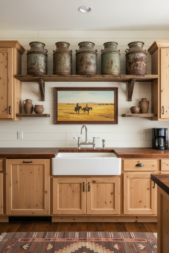 Row of tarnished vintage milk cans on a thick floating shelf above a farmhouse sink—nostalgic accents in rustic kitchen decor.