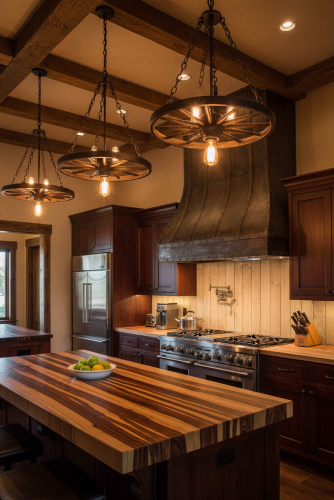 Trio of wagon wheel pendant lights with Edison bulbs over dark cabinetry and striped butcher block—distinctive Western Kitchen Essentials lighting.