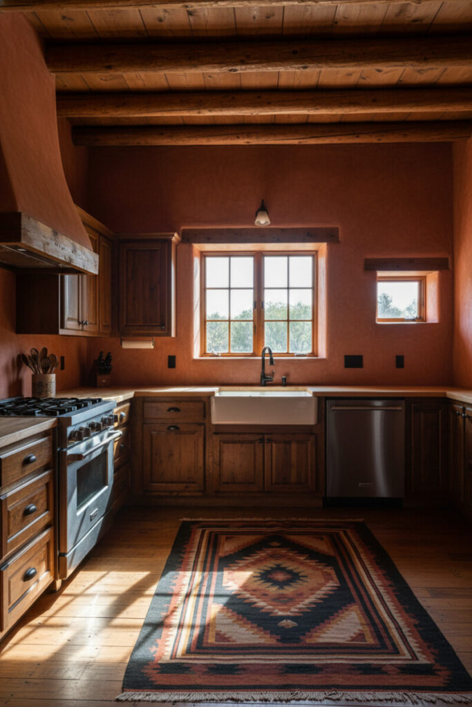 Deep terracotta adobe walls with rough vigas and dramatic sunlit shadows—earthy envelope using best materials for rustic western kitchens.