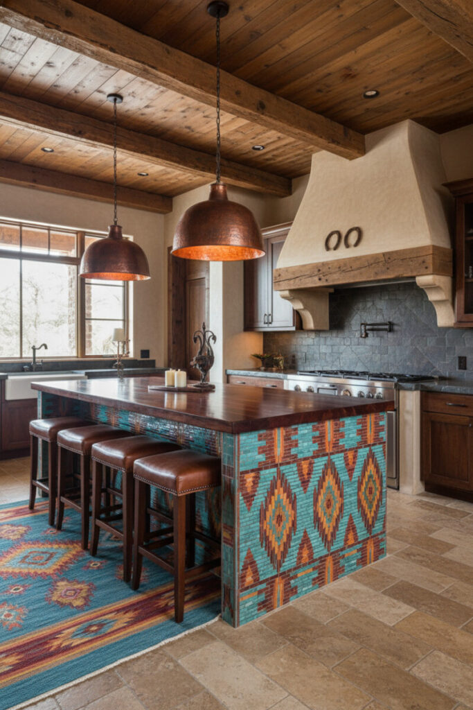 Tile-clad island in turquoise, mustard, and crimson with leather stools and copper pendants—showpiece of Southwestern kitchen design.