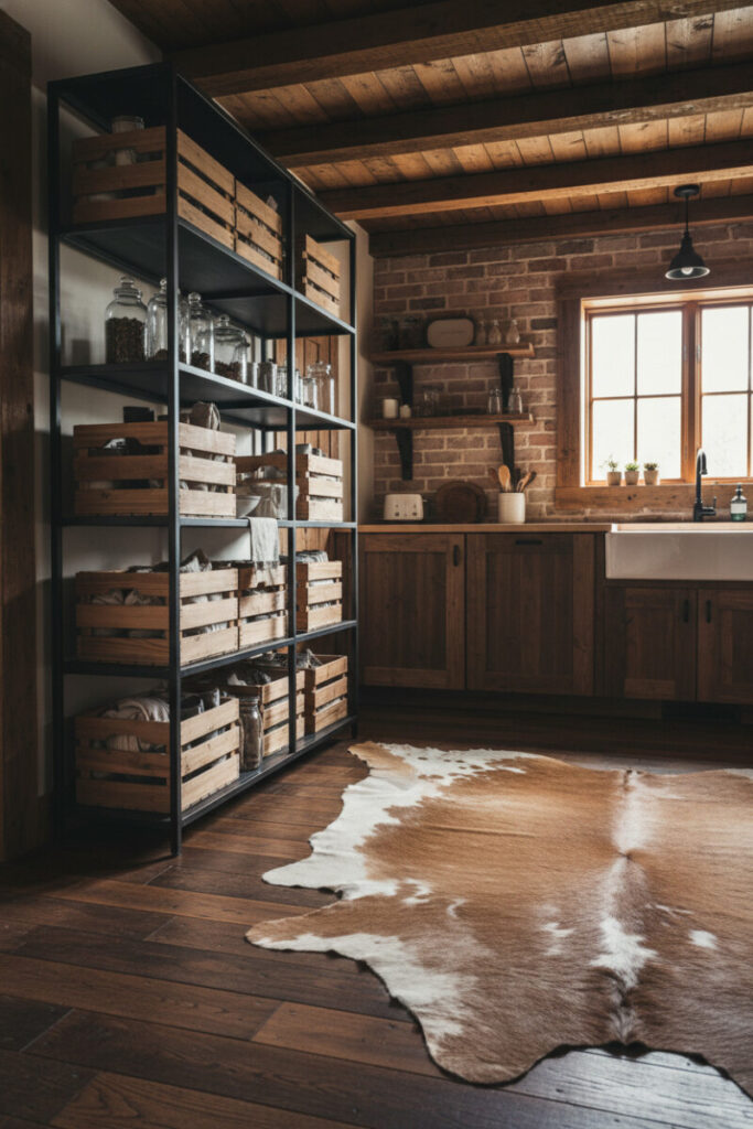 Tall matte-black metal shelving stacked with distressed wooden crates beside a cowhide rug—industrial-organic storage as rustic kitchen decor.