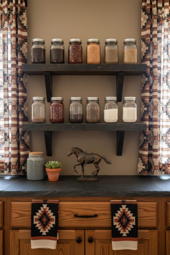 Thick wooden shelves lined with Mason jars of spices, framed by Southwestern curtains—organized pantry styling in Western Kitchen Essentials and how to style a western kitchen.