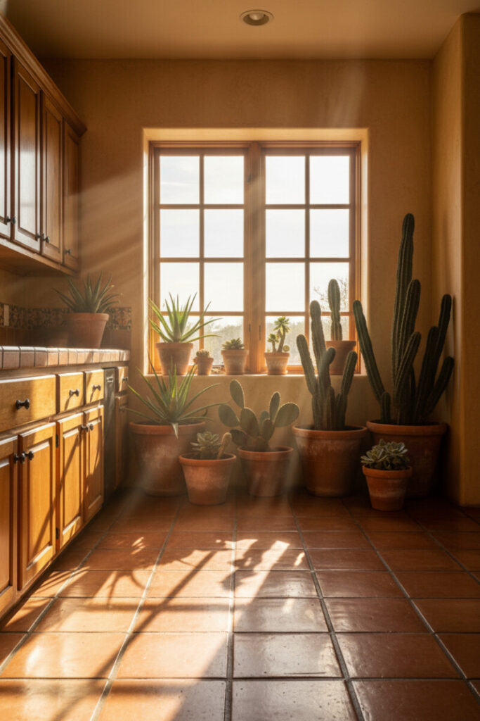 Sunlit window ledge filled with terracotta pots of cacti and succulents against ochre stucco—a fresh accent for Southwestern kitchen design.