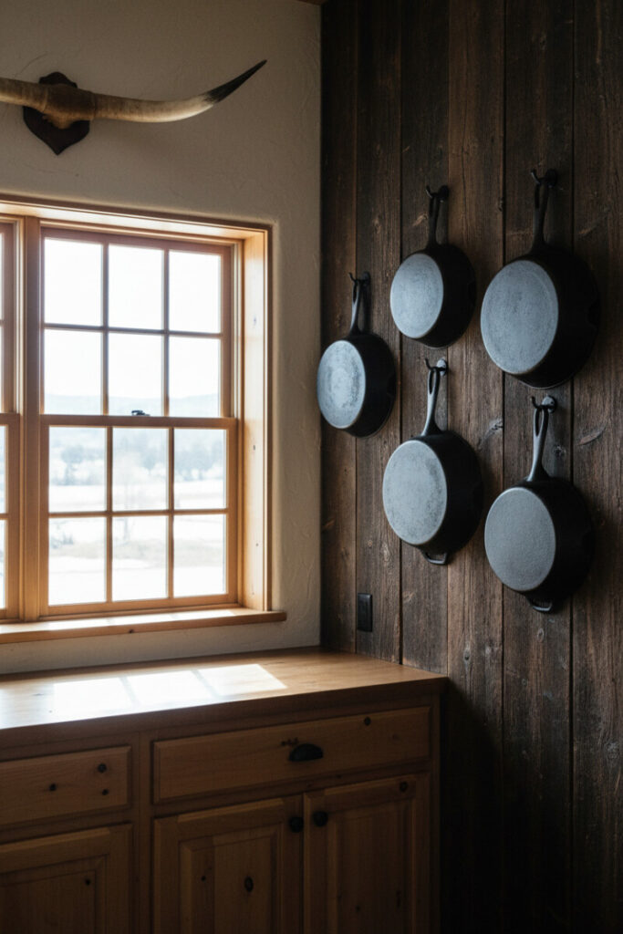 Matte black cast-iron skillets hung on dark planks beside a bright window and steer horns—functional display of Western Kitchen Essentials.