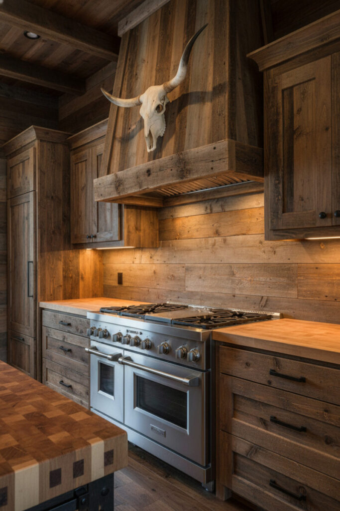 Stainless double-oven framed by distressed reclaimed wood cabinetry and thick butcher block, highlighting best materials for rustic western kitchens.