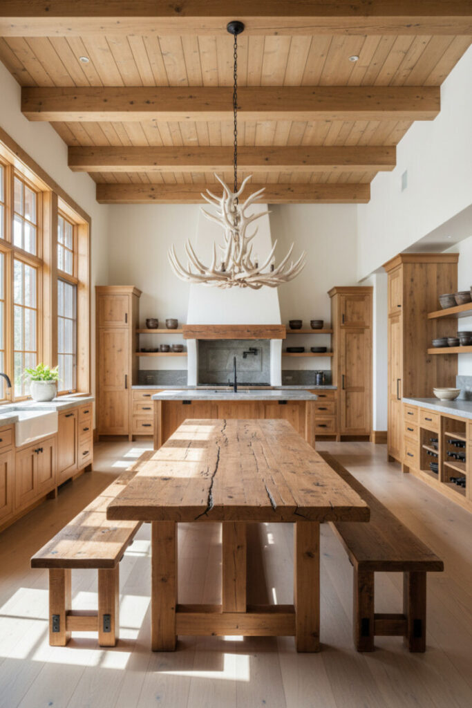 Massive lodge table beneath exposed beams and a white antler chandelier, layered with warm wood tones for classic rustic kitchen decor.