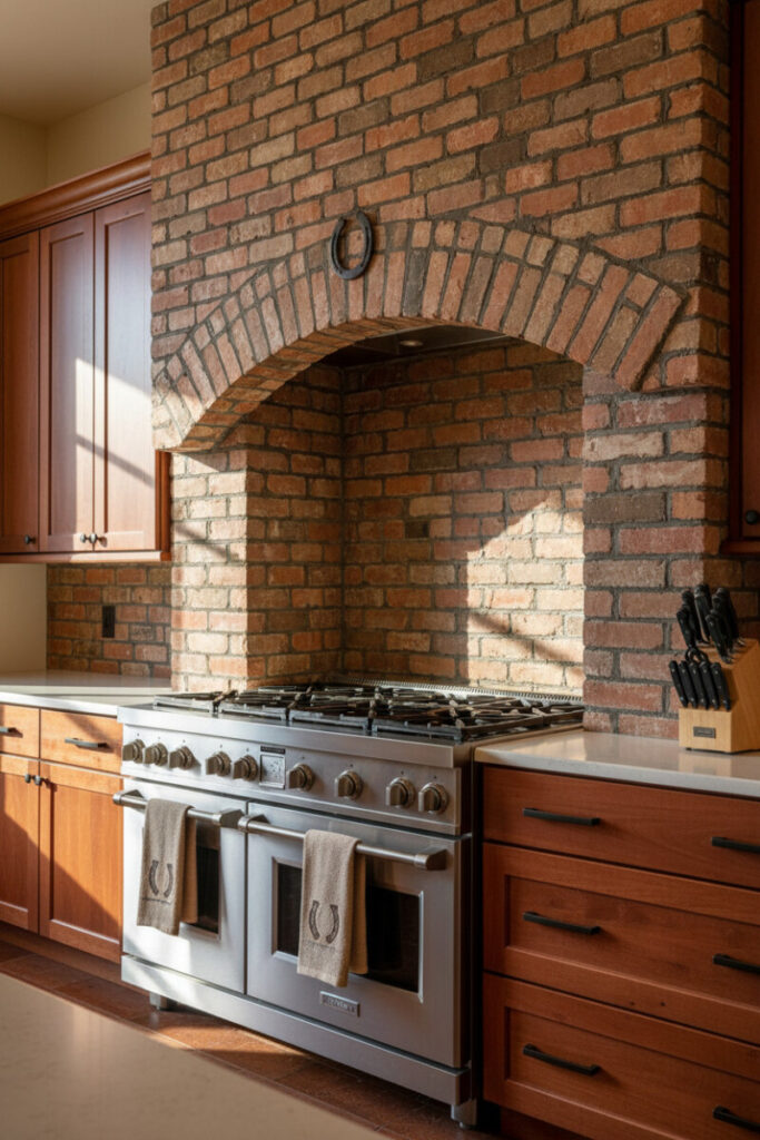 Professional range set inside an arched exposed-brick hearth with a lone iron horseshoe—timeless Western character around the cooking zone.
