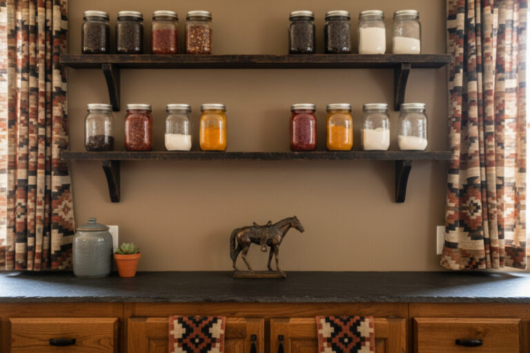 Thick wooden shelves lined with Mason jars of spices, framed by Southwestern curtains—organized pantry styling in Western Kitchen Essentials and how to style a western kitchen.