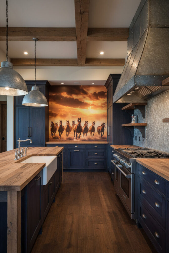 Galvanized sheet-metal range hood and dome pendants over farmhouse cabinetry—industrial sparkle within Western Kitchen Essentials.