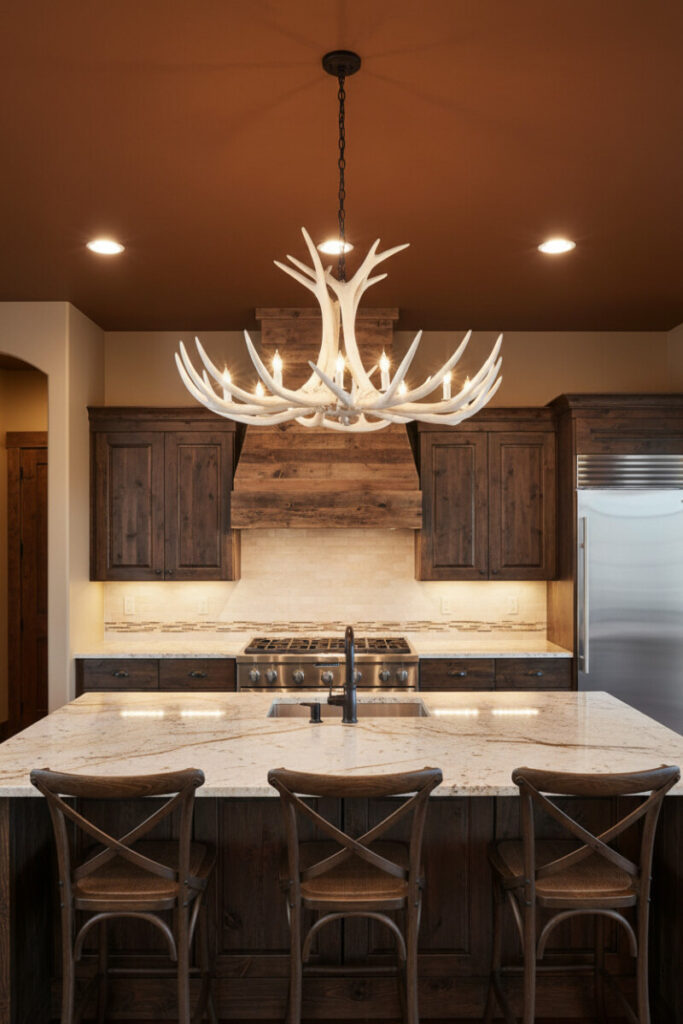 Multibranch antler chandelier glowing over a dark island and bar stools, anchoring the room’s Western Kitchen Essentials lighting plan.
