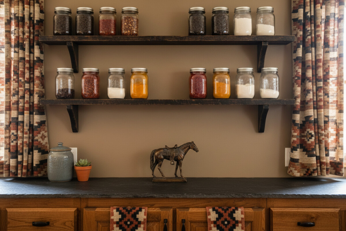 Thick wooden shelves lined with Mason jars of spices, framed by Southwestern curtains—organized pantry styling in Western Kitchen Essentials and how to style a western kitchen.