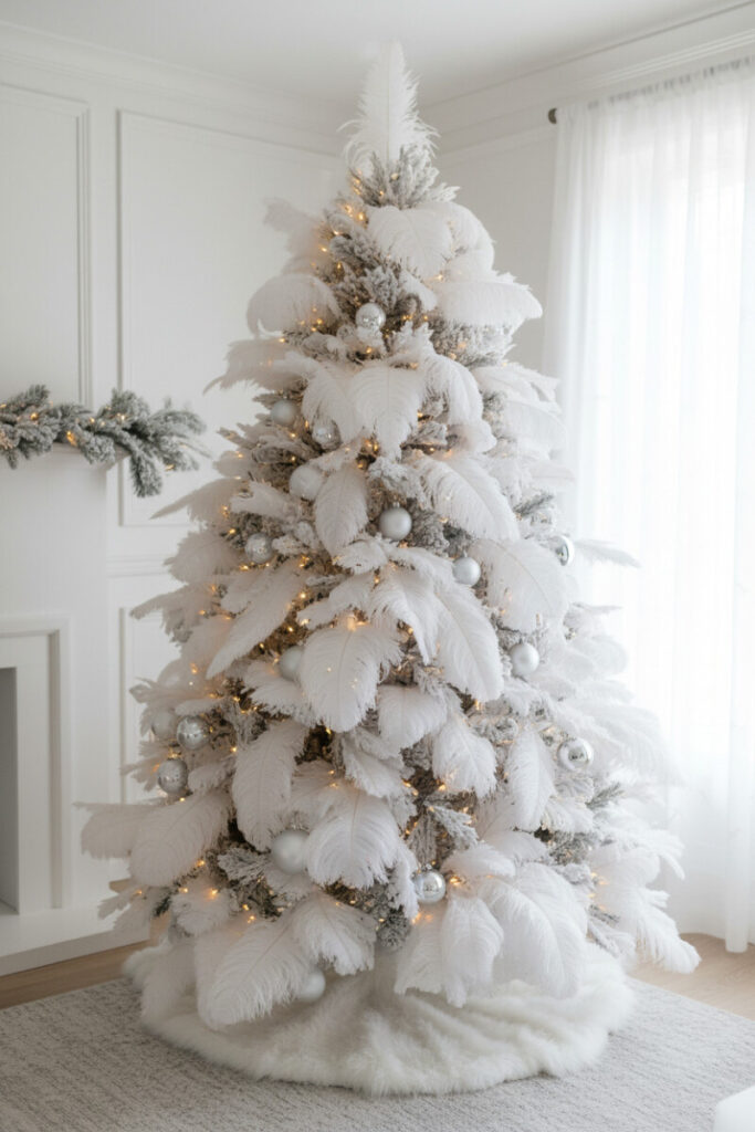 Majestic flocked tree with large white ostrich feathers, matte white and silver baubles, feather plume topper; warm twinkle lights and faux fur skirt—White Christmas Tree Decorations.