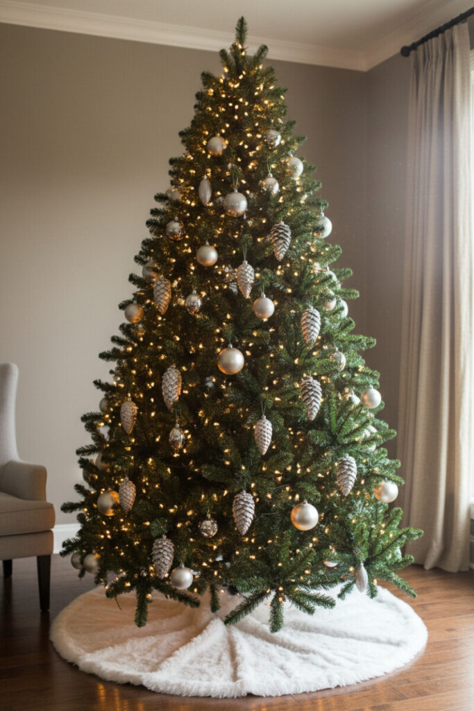 Lush emerald tree dense with polished silver pinecones and mixed metallic baubles, warm micro-LEDs—white and silver Christmas tree theme.