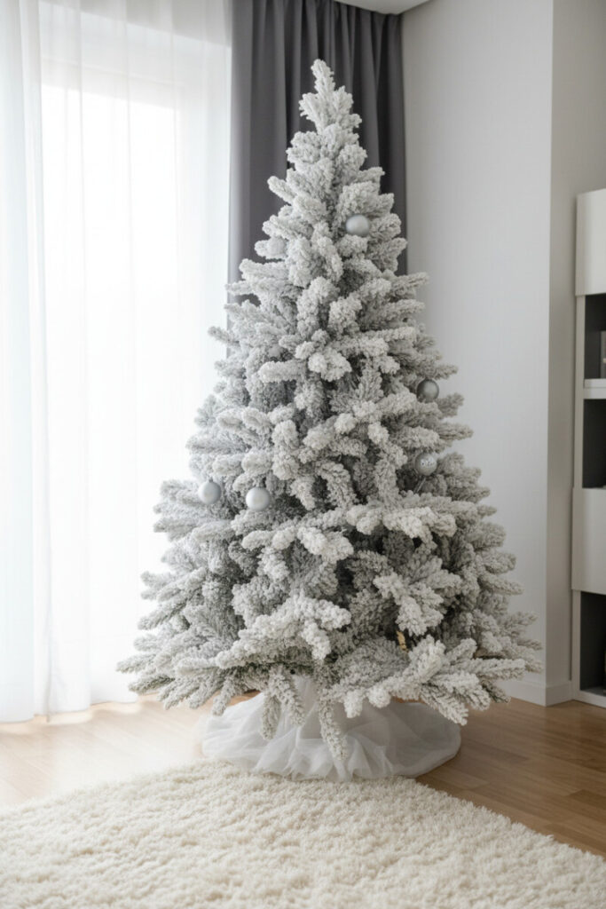 Fully flocked artificial tree showcasing snow-covered branch decorations and minimal matte silver and white spheres, ruffled white skirt.