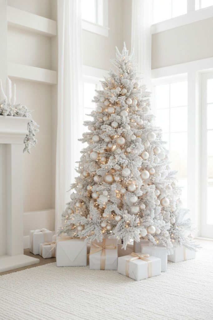 Full white tree with iridescent champagne, pale gold, and silver ornaments glowing softly—White Christmas Tree Decorations.