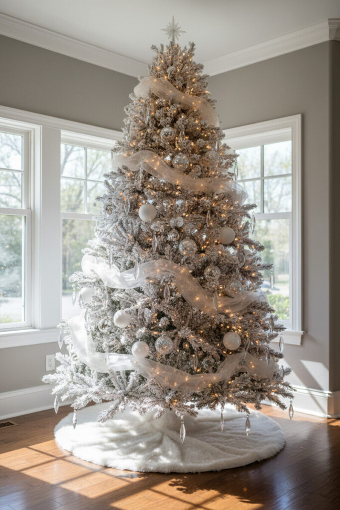 Heavily flocked spruce with ivory organza ribbon and sparkling crystal ornaments, amber fairy lights, dramatic window light—white and silver Christmas tree theme.