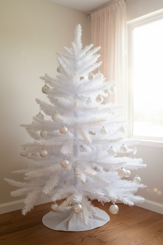 Pure white artificial tree with frosted glass spheres in icy white and champagne beside sunlit window, high-key minimal style.
