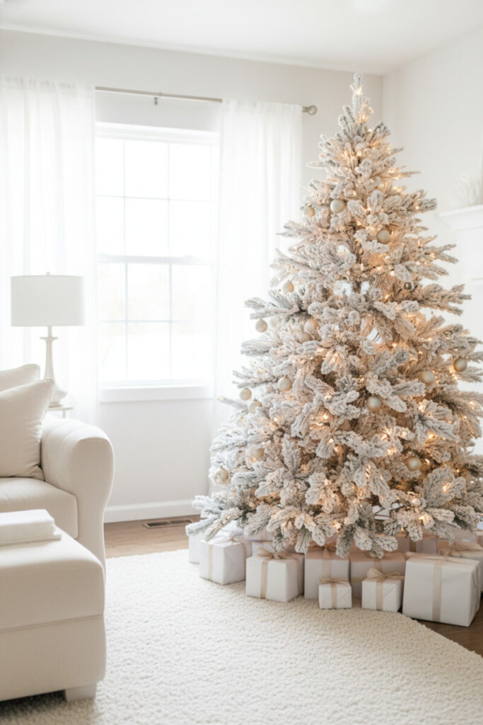 Bright living room tree packed with frosted pine sprigs, micro LEDs, matte ivory and champagne ornaments, gifts in white and gold.