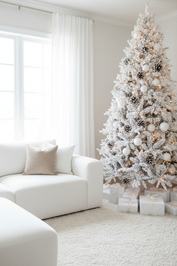 Snowy flocked tree richly studded with natural brown pinecones and matte silver balls, cozy sofa and taupe shag rug—winter white holiday decor.