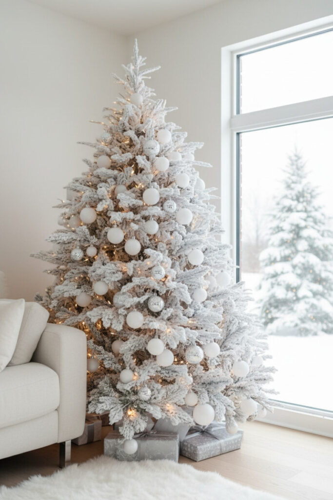 Heavily flocked evergreen with uniform icy white and pale silver ornaments, subtle warm LEDs beside snowy window view.