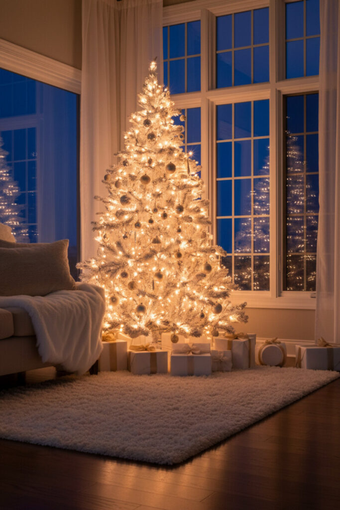 Densely lit white tree wrapped with thousands of warm white lights and tiny champagne baubles, glowing against twilight window—white Christmas tree ideas.