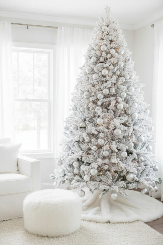 Dazzling flocked tree with matte white and glossy silver spheres plus antique silver bells ornaments, deep white shag rug—monochrome white Christmas tree decorations.