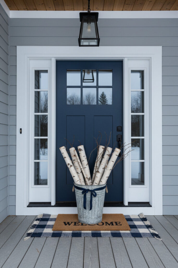 Galvanized bucket of white birch logs tied with navy ribbon on plaid runner by indigo door—a simple Winter Front Porch Decorations focal point.