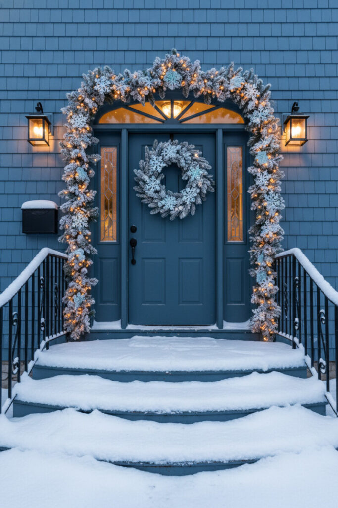 Slate-blue door framed by frosted pine garland and flocked wreath, snow-laden curved steps—polished Winter Front Porch Decorations.