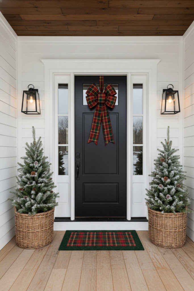 Matte black door with monumental tartan bow, wicker baskets of snowy evergreens, and modern lanterns—bold holiday statement.