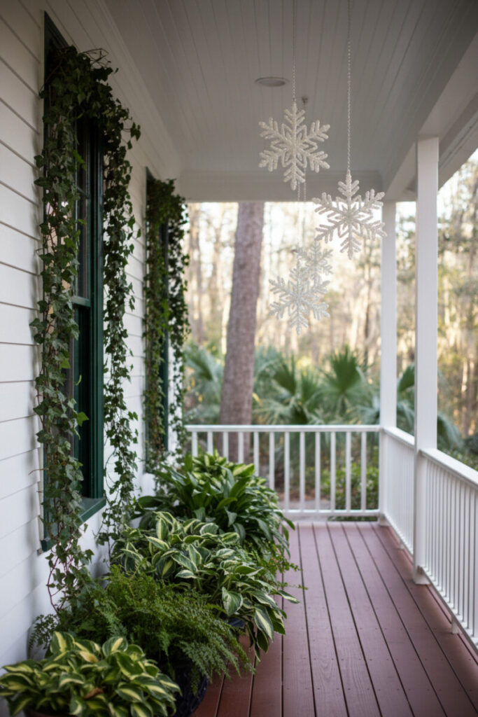 Sunlit white porch with hanging glitter snowflakes, cascading ivy, and lush planters on mahogany decking—airy small porch winter decorating ideas.