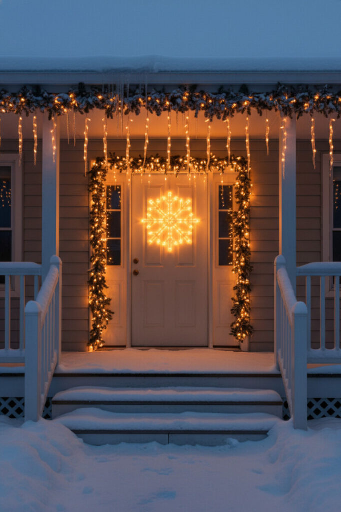 Icicle lights and glowing LED snowflake over off-white door with real icicles along eave—magical Winter Front Porch Decorations.