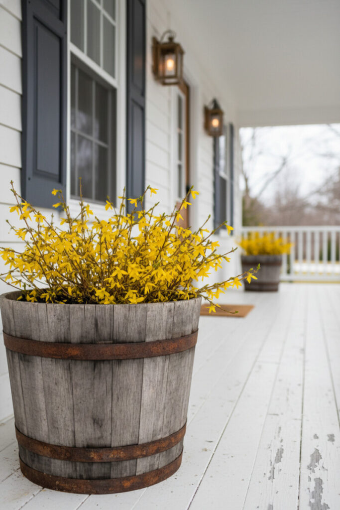 Weathered half-barrel planters bursting with bright yellow winter jasmine against white clapboard and gray shutters—cheerful farmhouse detail.