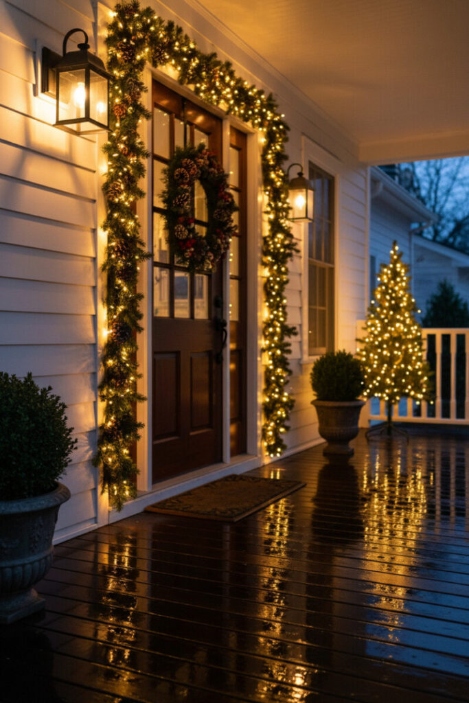 Mahogany door framed with pinecone garland and twinkle lights, glossy wet boards reflecting the glow—classic front porch winter decor.