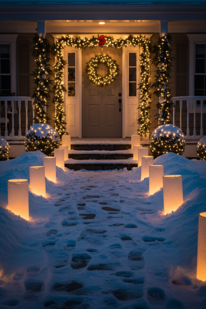 Snowy walkway lined with bright paper luminaries leading to light-trimmed beige door—dramatic path for rustic winter front porch decorations.