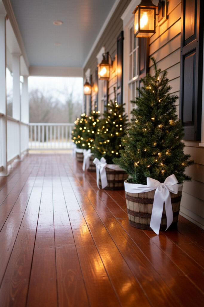Long veranda with barrel planters of miniature pines tied with white bows, antique bronze lanterns receding—warm, rhythmic holiday corridor.