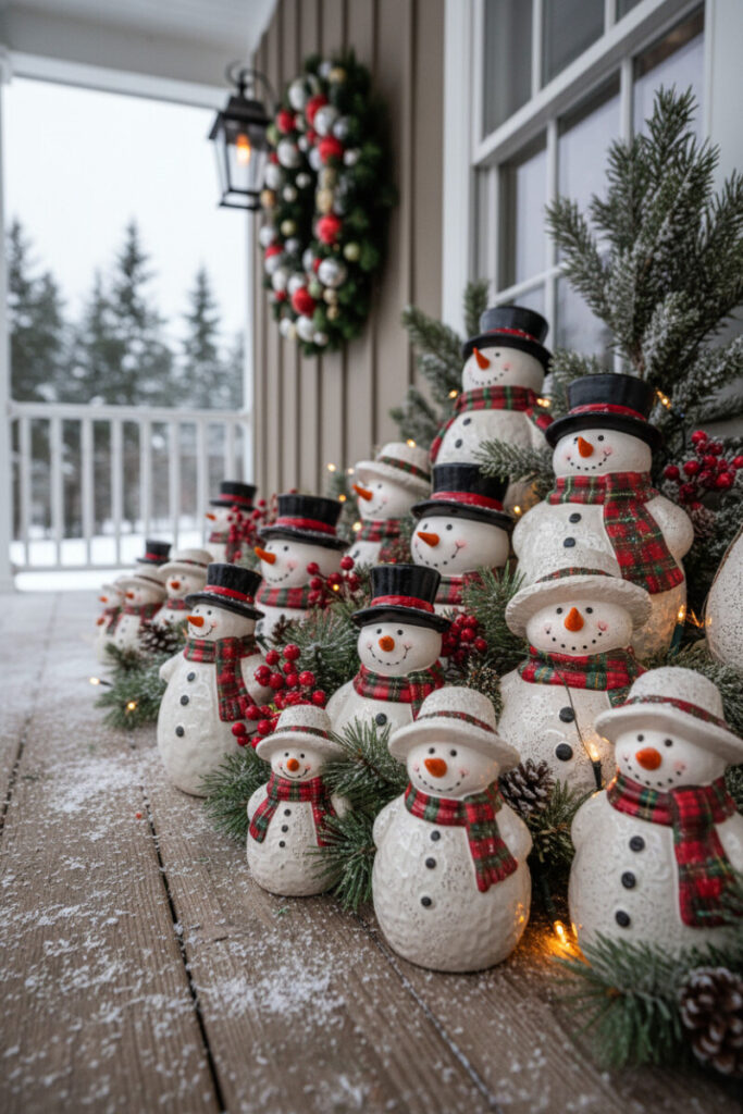 Cluster of ceramic snowmen with tartan scarves amid evergreens, berries, and string lights on a snowy deck, cheerful holiday vignette.