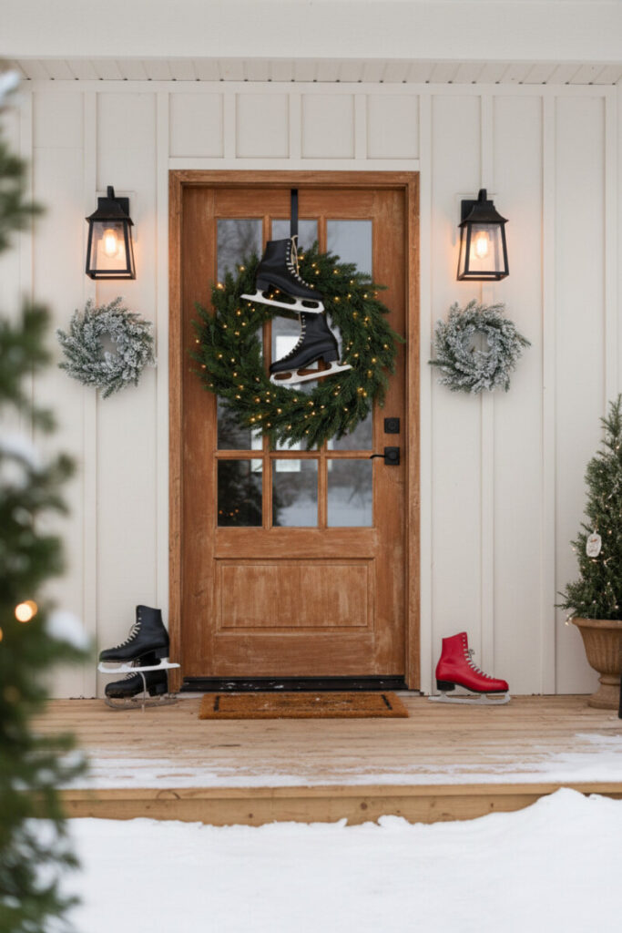 Warm wood door with lighted wreath and vintage black leather ice skates, extra skates on snowy deck—nostalgic rustic winter front porch decorations.