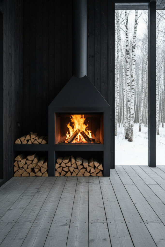 Shou Sugi Ban wall with modern steel outdoor fireplace, stacked firewood, and glowing flame—striking front porch winter decor centerpiece.
