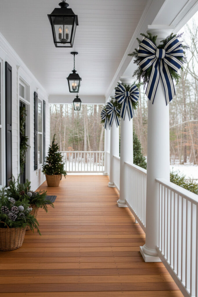 Wide porch columns dressed with large navy-and-cream plaid bows over greenery, wicker rail baskets, and pendant lanterns—smart small porch winter decorating ideas.