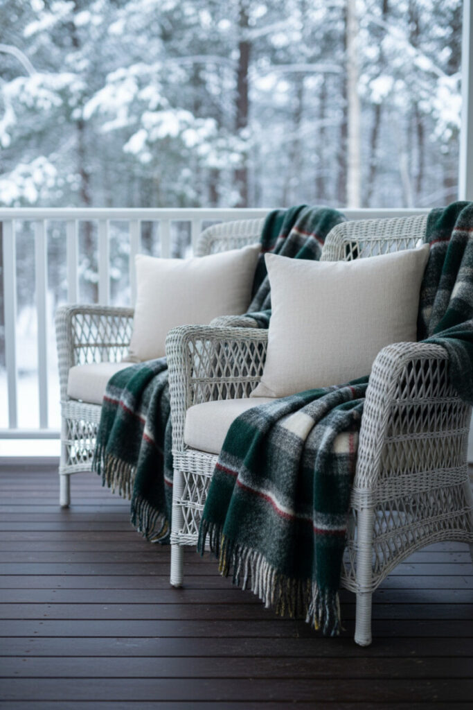 Weathered white wicker armchairs with thick plaid throws and linen pillows on dark boards, snowy forest beyond—relaxing cozy porch ideas.