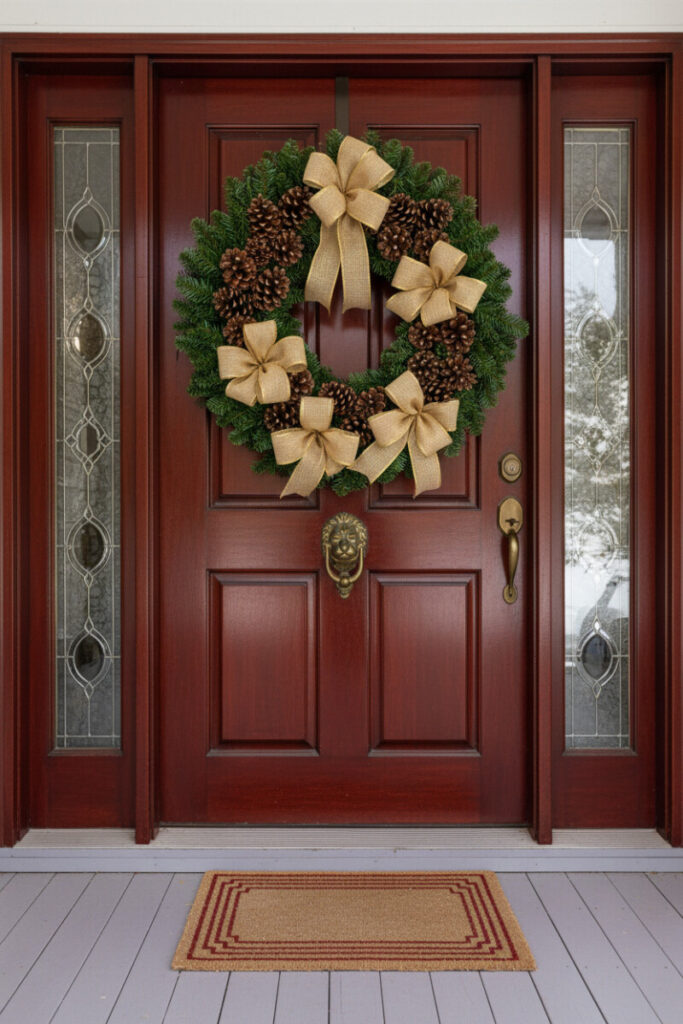 Glossy mahogany door crowned with dense evergreen wreath and gold burlap ribbons, antique brass hardware—timeless entry.